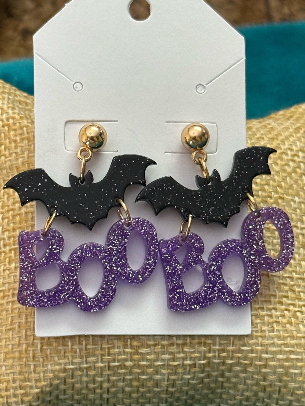 Halloween 'BOO' Bat Dangle Earrings Purple & Black NEW
